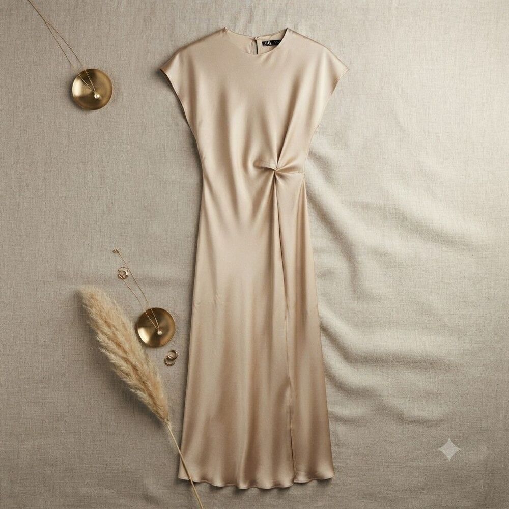 Zara Ruched Waist Satin Effect Midi Dress Women's Size S Beige Short Sleeve Slip